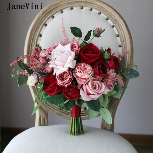 JaneVini Vintage Dark Red Brides Flowers Wedding Bouquets Artificial Silk Rose Bridal Brooch Bouquet Mariage Bouquet De Fleurs