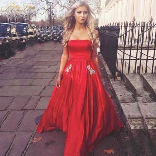 Red Prom Dress 2020 Strapless Neck Evening Gown With Pockets Bead Wedding Party Dres Sleeveless A line Formal Dress Satin New