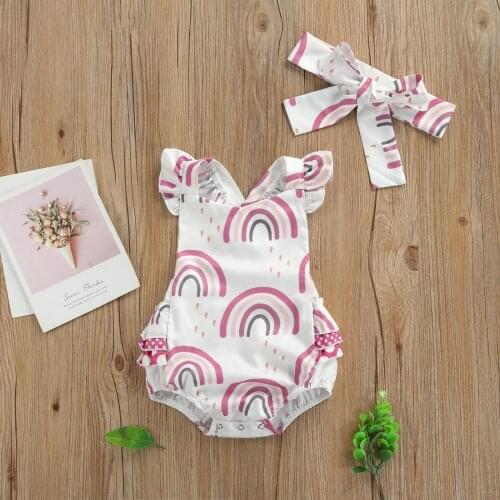 2 Pcs Newborn Summer Outfits, Baby Girl Ruffled Rainbow Print Fly Sleeve Romper + Headband