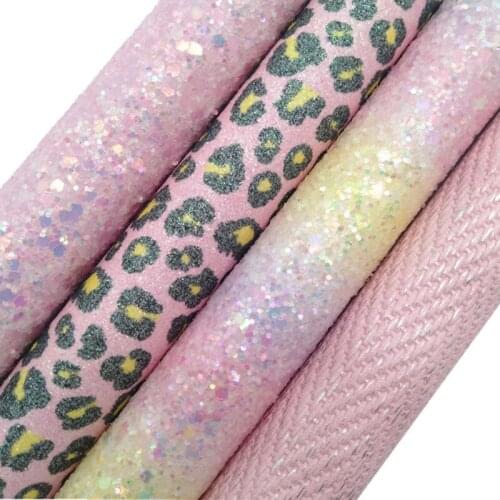 Pink Rainbow Chunky Glitter leather, Leopard Printed Fine Glitter Fabric, Weave Faux Leather Sheets For Bows DIY 21x29CM KM783