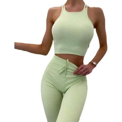 New Casual Solid Color Yoga Suit Turtleneck Double-Shoulder Strap Bra Tight Trousers Sports Fitness Womens Clothing