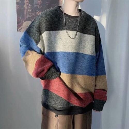 Autumn Winter New Pullovers Sweater Casual Patchwork Mens Sweater Fashion Rainbow O-Neck Knitwear Pullover High Quality