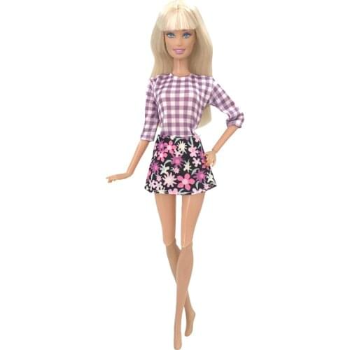 NK 1 Set Doll Dress Fashion Purple Shirt+Mini Flower Pattern Skirt Casual Wear Clothes for Barbie Doll Accessories Kid Toy 4X
