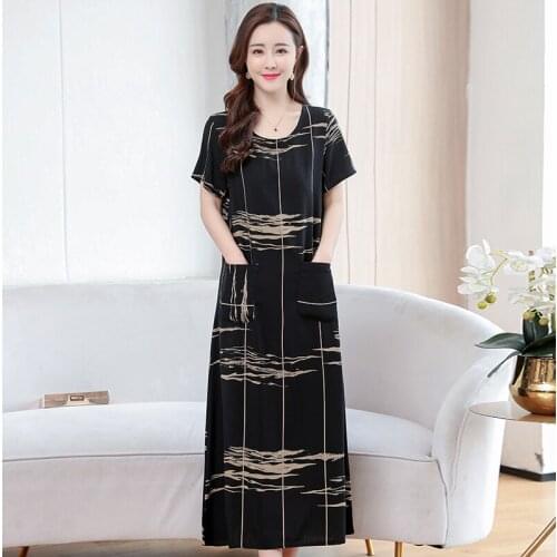 Women Long Dress Spring Autumn Short Sleeve Loose Pockets Ladies Dresses Casual o Neck Ankle Length Dress for Female