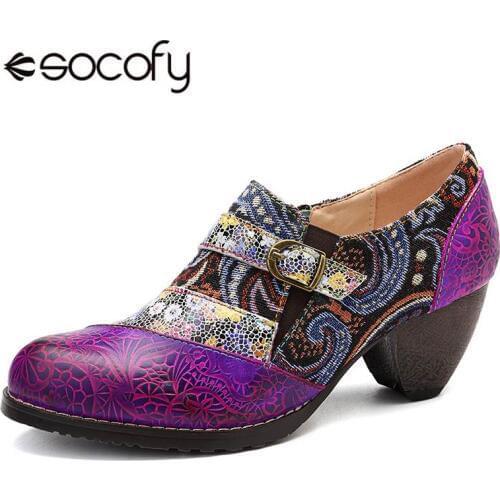 SOCOFY 2020 Bohemia Genuine Leather Splicing Jacquard Handmade Retro Pattern Buckle Zipper Pumps Ladies Shoes Spring Autumn