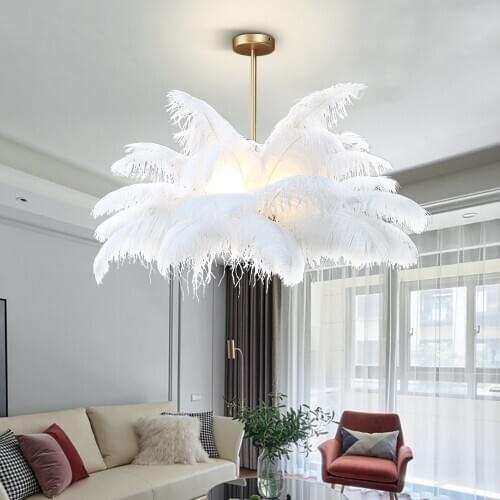 Modern White Chandelier for the Childrens Room Art Design White Feather Girl Bedroom Round G9 Copper Hanging Light Fixture