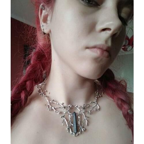 Vintage Witch Fantasy Forest Pendant Black Titanium Raw Quartz Branches Necklace Pagan Jewelry