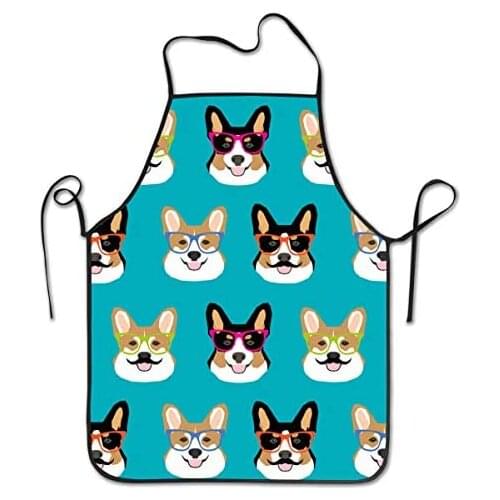 Waterproof Bib Aprons Long Ties for Dinner Dog Washable Comfortable and Easy Care Aprons, Cute Corgi Glasses and Mustaches