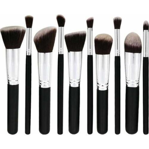 High quality mini 5 big 5 small soft synthetic hair black wooden handle silver collar 10pcs makeup brush kits