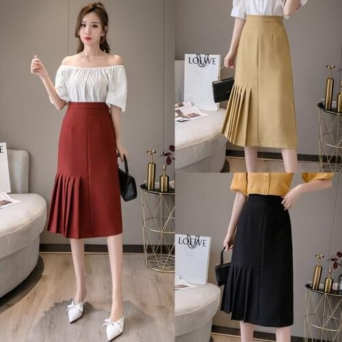 2021 Spring Autumn New High Waist Slim Simple Red Irregular Pleated A-line Skirt Casual Loose Women Fishtail Skirt Free Shipping