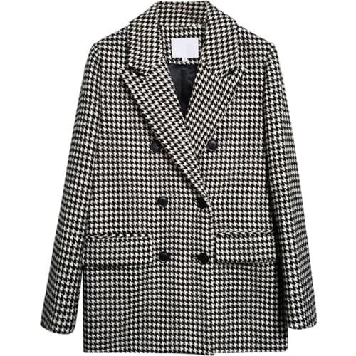SURUFENG Autumn Houndstooth Blazer Femme Double Breasted Suit Jacket Women 2021 Winter Oversized Vintage American Mujer Outwear