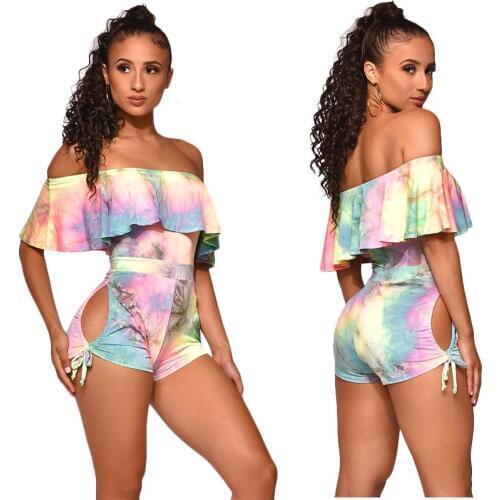 Plus size ruffle off shoulder backless tie dye rompers womens jumpsuit shorts summer 2019 sexy streetwear strappy bodysuit