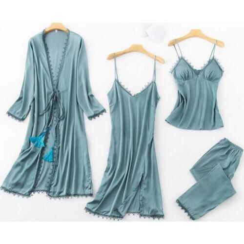 4PCS Pajamas Set Womens V-Neck Sleep Wear Pijama Long Sleeve Nightie Sexy Bathrobe Kimono Robe Gown Suit Sleepwear Home Clothes