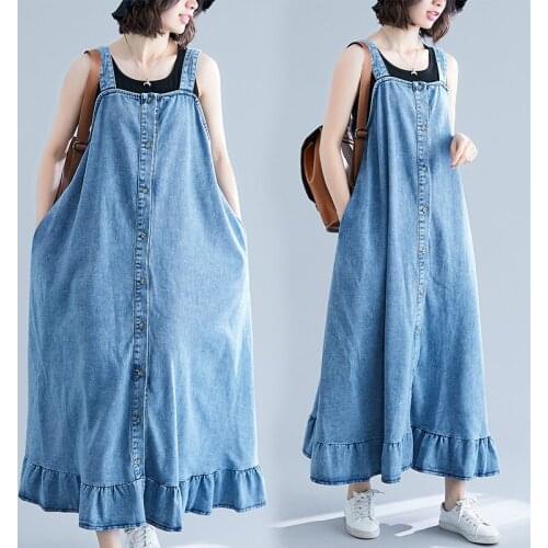 Denim suspender dress women Korean version loose large size sleeveless over-the-knee dress was thin ruffle dress summer 2021 new