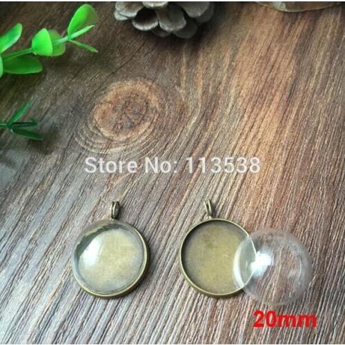 20sets/lot silver bronze color 20mm glass dome globe display & pendant base set & necklace glass vials pendant glass cover