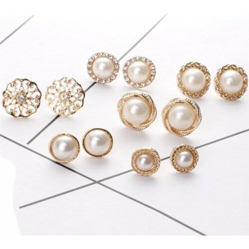 6 Pairs/Set Cute Earring Sets For Women Fashion Elegant Shiny Color Heart Crystal Pearl Flowers Stud Earrings