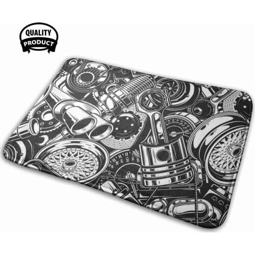 Automobile Spare Parts - Car Engine, Piston & Wheels - Petrol Head Auto Garage Art Comfortable Door Mat Rug Carpet Cushion Car