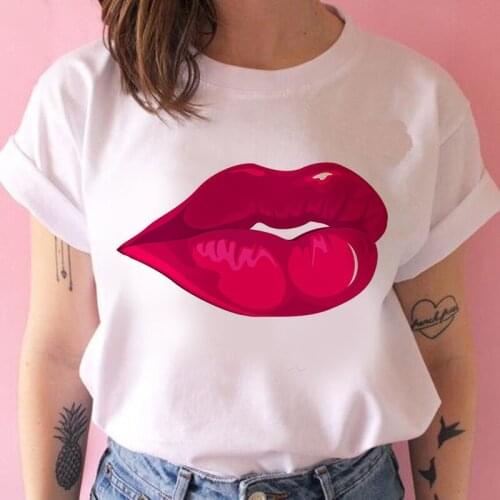 Graphic Tees Tops Red Lips Theme Tshirts Women Funny T Shirt O-Neck T-Shirt Vintage Ullzang Mujer T-Shirt