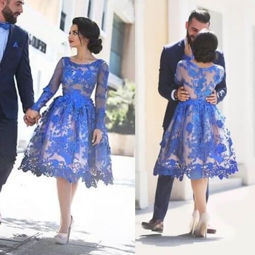 SuperKimJo Vestidos Largos De Fiesta Lace Applique Short Prom Dresses Royal Blue Long Sleeve Cheap Graduation Dress