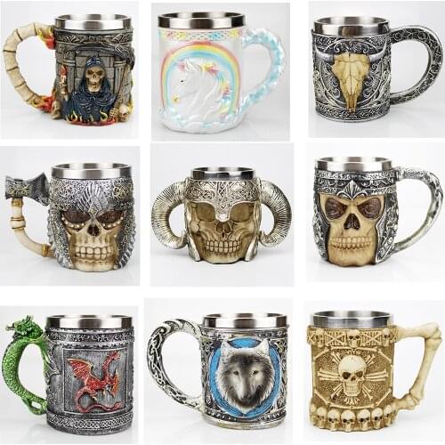 Stainless Steel Skull Mug Viking Skeleton Wolf Knight Gothic Design Coffee Beer Tankard Mugs Christmas Halloween Gift 500ml