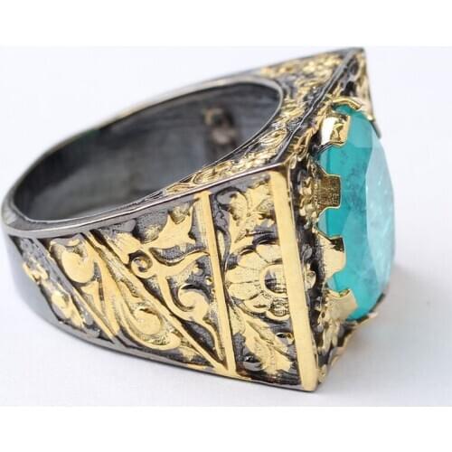 Paraiba Tourmaline Ring, Mens 925 Silver 18 K Gold Plated Handmade Ring, Handmade Man 925 Silver Oval Paraiba Tourmaline Sky Blu