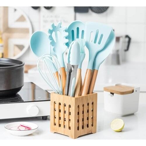 Silicone Cooking Utensils Set Non-stick Spatula Soup Spoon Wooden Handle with Storage Box Kitchen Tools Set Gifts for Mother