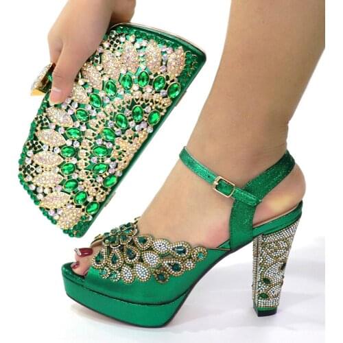 2021 NEW GREEN with Print Desgin Shoes and Evening Bag Set Hot Sale Sandal Shoes with Handbag Heel Height 10.5CM