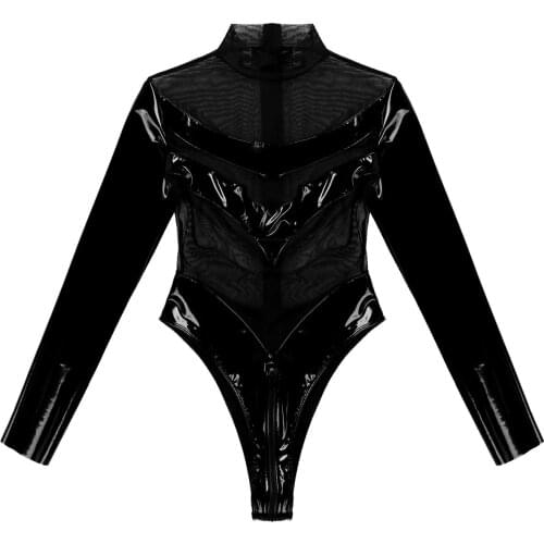 New Arrival Women See-through Mesh Patchwork Long Sleeve Bodysuit Zipper Back Mock Neck Catsuit Leather Leotard Clubwear Costume
