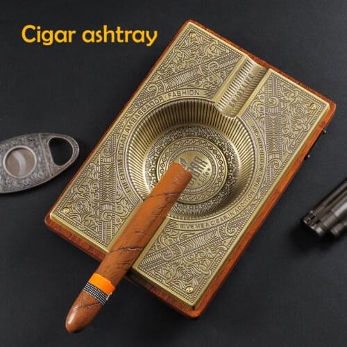 Retro Tin Alloy Cigar Ashtray Home Wooden Metal Ash Tray Outdoor Luxury Hold 2 Cigars Cigarette Ashtrays Cigar Accessories