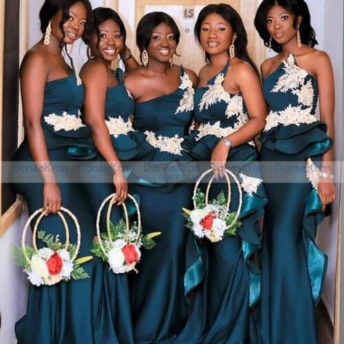 Strapless Bridesmaid Dresses 2021 Peacock Blue Satin White Appliques Ruffles Mermaid Wedding Party Dresses vestido de fiesta