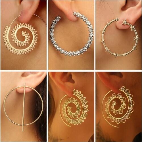 BRAVEKISS Simple Hollow Round Spiral Hoop Earrings For Women Vintage Circle Leaf Gear Earrings 2020 Fashion Jewelry BPE1446