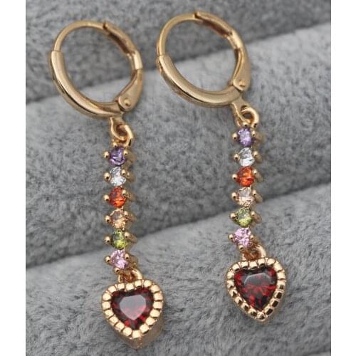 Luxury Drop Earrings for Women Gold Color With Red Stone Heart Shape Rainbow Zircon Jewelry Accessories Anniversary Gift