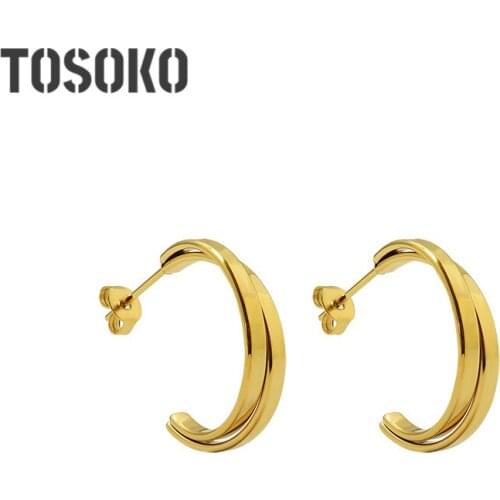 SODROV Stainless Steel Jewelry Double Ring Staggered Cross C-Shaped Earrings Womens Versatile Fashion Earrings BSF416