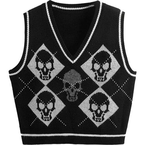Y2K Gothic Knit Sweater Vest Skull Argyle Print Pattern Knitwear V-neck Pullover Fashion Jumper Top Women Halloween Streetwear