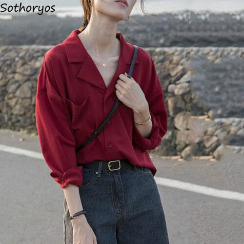 Women Blouses Chiffon Notched Solid Simple Basic Shirts Office Ladies Loose Thin Stylish Long Sleeve Woman Tops Button Casual