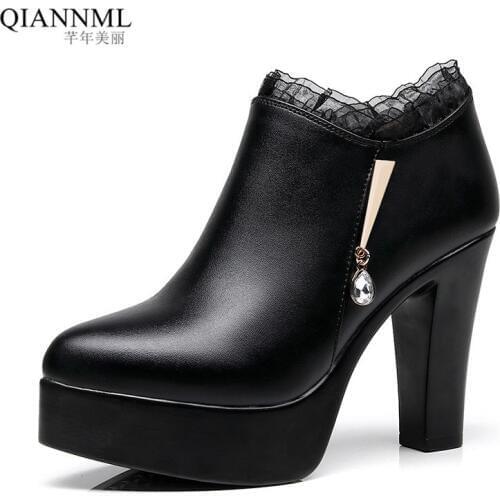 Block Heel Split Leather Shoes Woman 2021 Autumn Deep Mouth Lace Platform Pumps Women High Heels Office Shoes Black 41 42 43