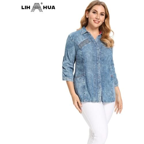 LIH HUA Womens Plus Size Denim Tops Shirt Spring Slim Fit Shirt Casual Shirt Woven Denim Three QuarterSleeve