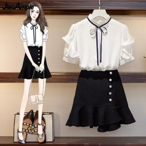 Womens Leisure Chiffon Two Piece Clothing Set Summer 2021 Lady Office Graceful Bow-Knot Ruffles White Shirts Mini Skirts Sets