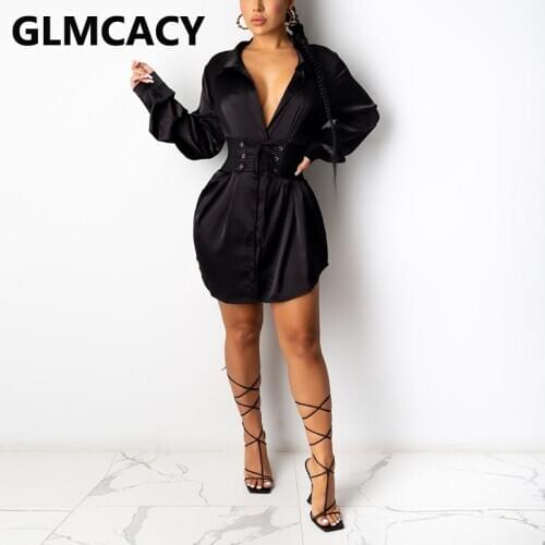 Women Long Sleeve Elegant Solid Shirt Dress Classy Button Down Mini Dresses