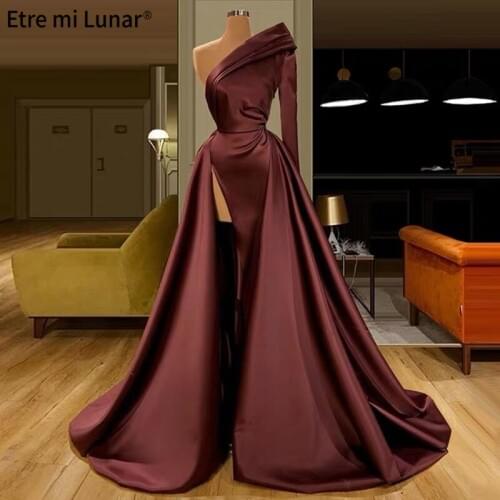 2020 New Burgunday One Shoulder Long Sleeve Evening Dress Mermaid High Slit Satin Evening Gown robe de soiree LE40741