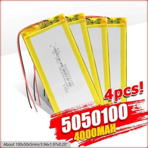 1/2/4 Pieces 3.94x1.97x0.20" 3.7V Voltage 5050100 4000mAh Lithium Battery MP3 MP4 MP5 GPS Tablet E-book DVD Battery Replacement