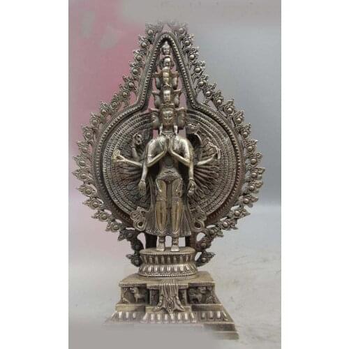 15" China Tibet Silver Kwan-yin Avalokitesvara Guanyin Bodhisattva buddha Statue