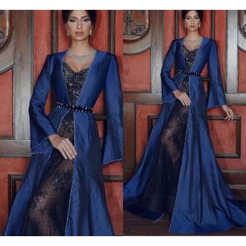 2020 Navy Prom Dresses With Long Jacket Sweetheart Lace Appliques Formal Evening Dress A Line Arabic Special Robes De Soirée