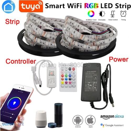 5m 10m 5050 RGB LED Strip Set Flexible LED Tape + Tuya Smartlife Wifi Controller Alexa Google Home Voice Control + Power Supply