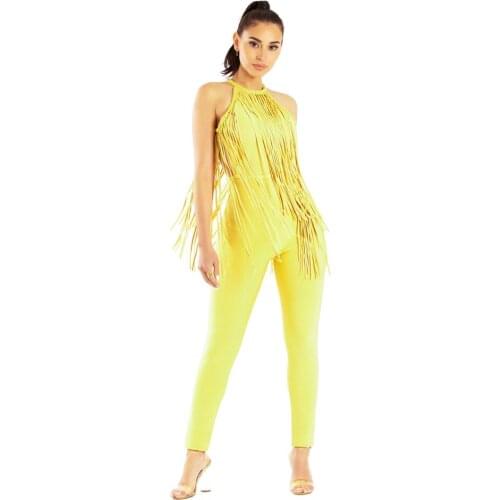 Sparkly Rivets Studded Fringe Halter Neck Cold Shoulder Backless Bandage Jumpsuit