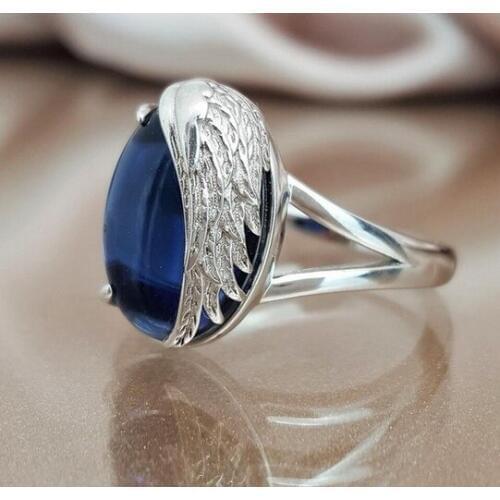 For Women Ring Jewelry Fashion Crystal Angel Wings Ring Vintage Classic Blue Zircon Wedding Band Engagement Personality Gift New