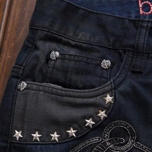New Man Full Length Rivet Jeans Casual Streetwear Patchwork Straight Cowboy Denim Pants Male Zip Embroidery Trousers Size 29-38