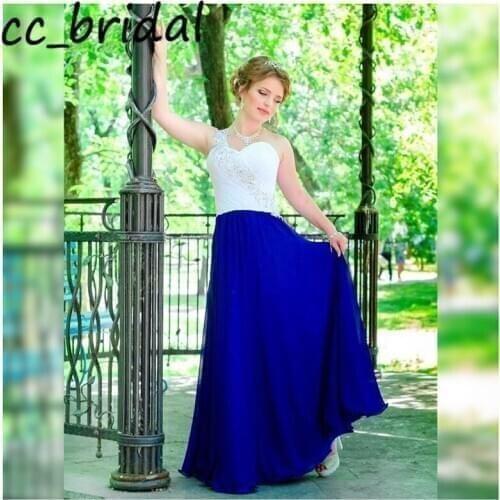 Elegant One Shoulder Long Prom Dress 2020 Ruffled Chiffon Royal Blue Turkish Evening Gowns Beading Crystal rochii de ocazie