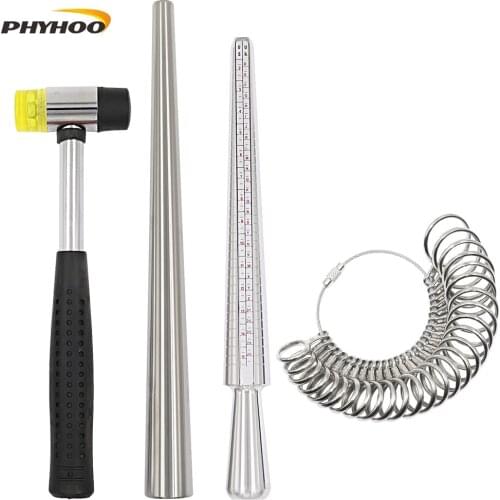 4PCS Ring Mandrel Sizer Tool with Metal Mandrel Finger Sizing Measuring Stick and Ring Sizer Guage and Rubber Jewelers Hammer