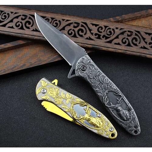 Collection Knife Tactical Folding Blade Utility Knife - Deer Engraved Pocket Knife